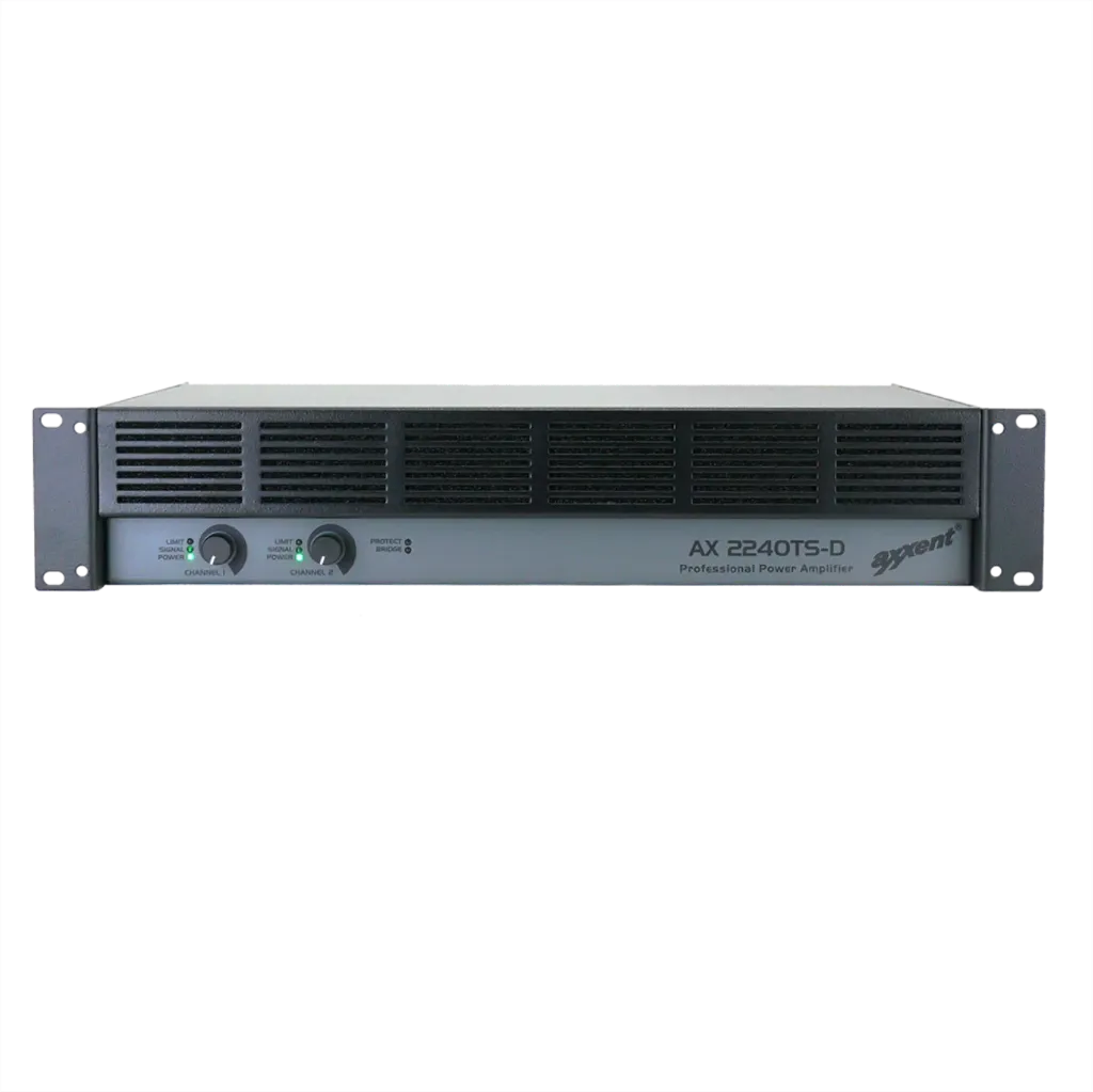 Axxent, AX2240TS-D amplifier with Dante input 2x240W at 70/100V and 4 Ohm