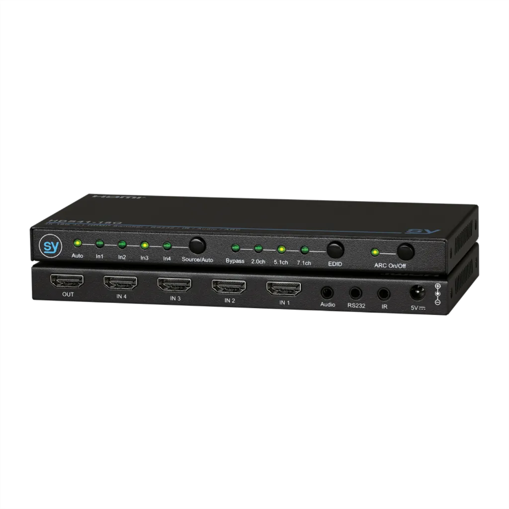 SY, SY-HDS41-18G - 4x1 SLIM HDMI 2.0 (18G) 4 Port switcher.
Control: Push button, IR, RS232, Auto Switch