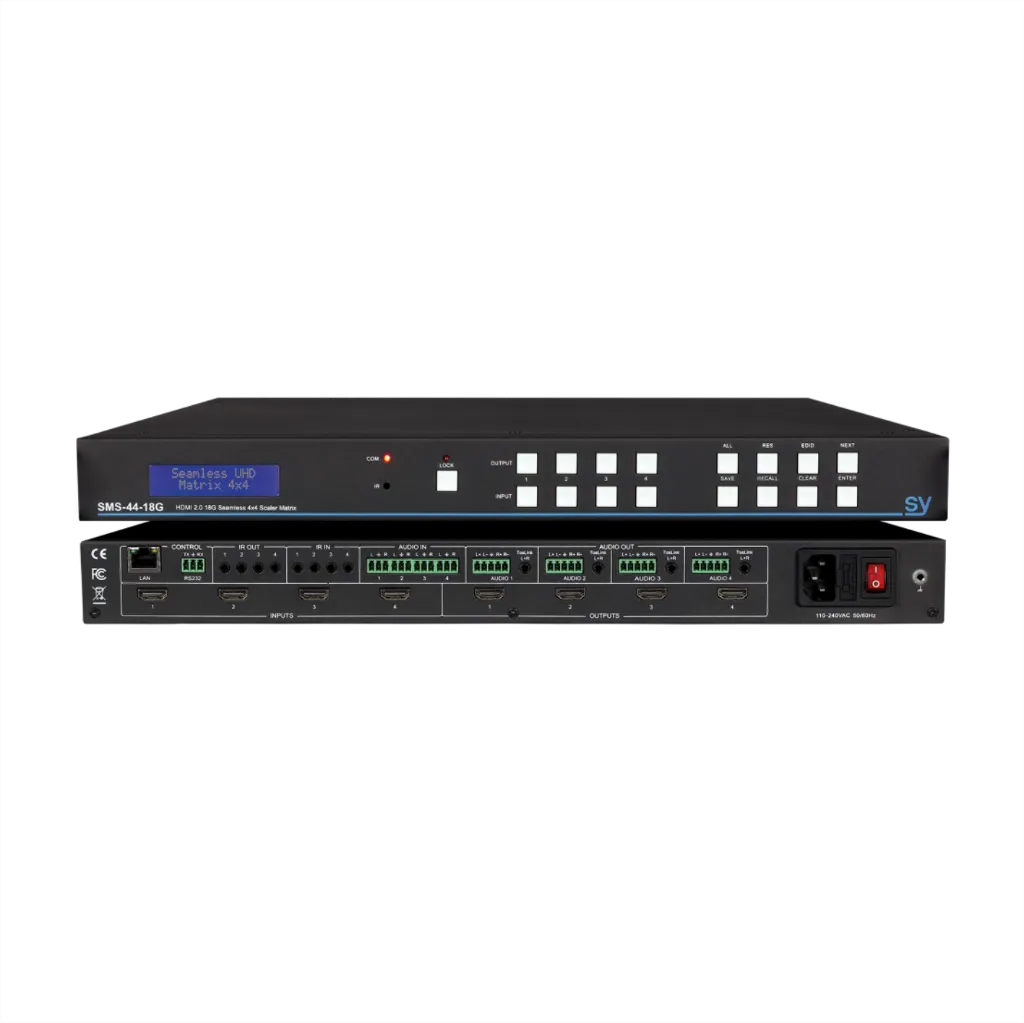 [D036881] SY, SY-SMS44-18G - Seamless 4x4 HDMI 2.0 (18 Gbps) Matrix With 4K 4:4:4 @ 60hz input/output capability. 