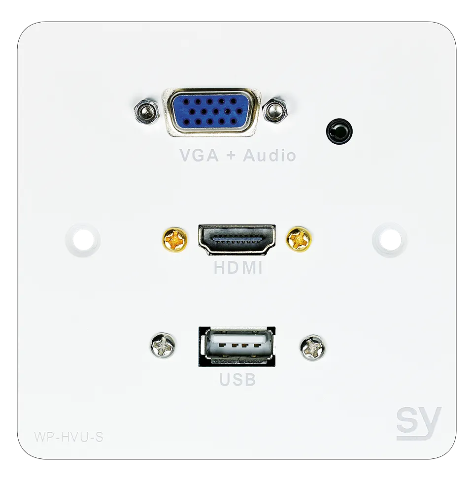SY, SY-WP-HVU-SW - HDMI, VGA + Audio and USB A single gang wall input plate. UK white