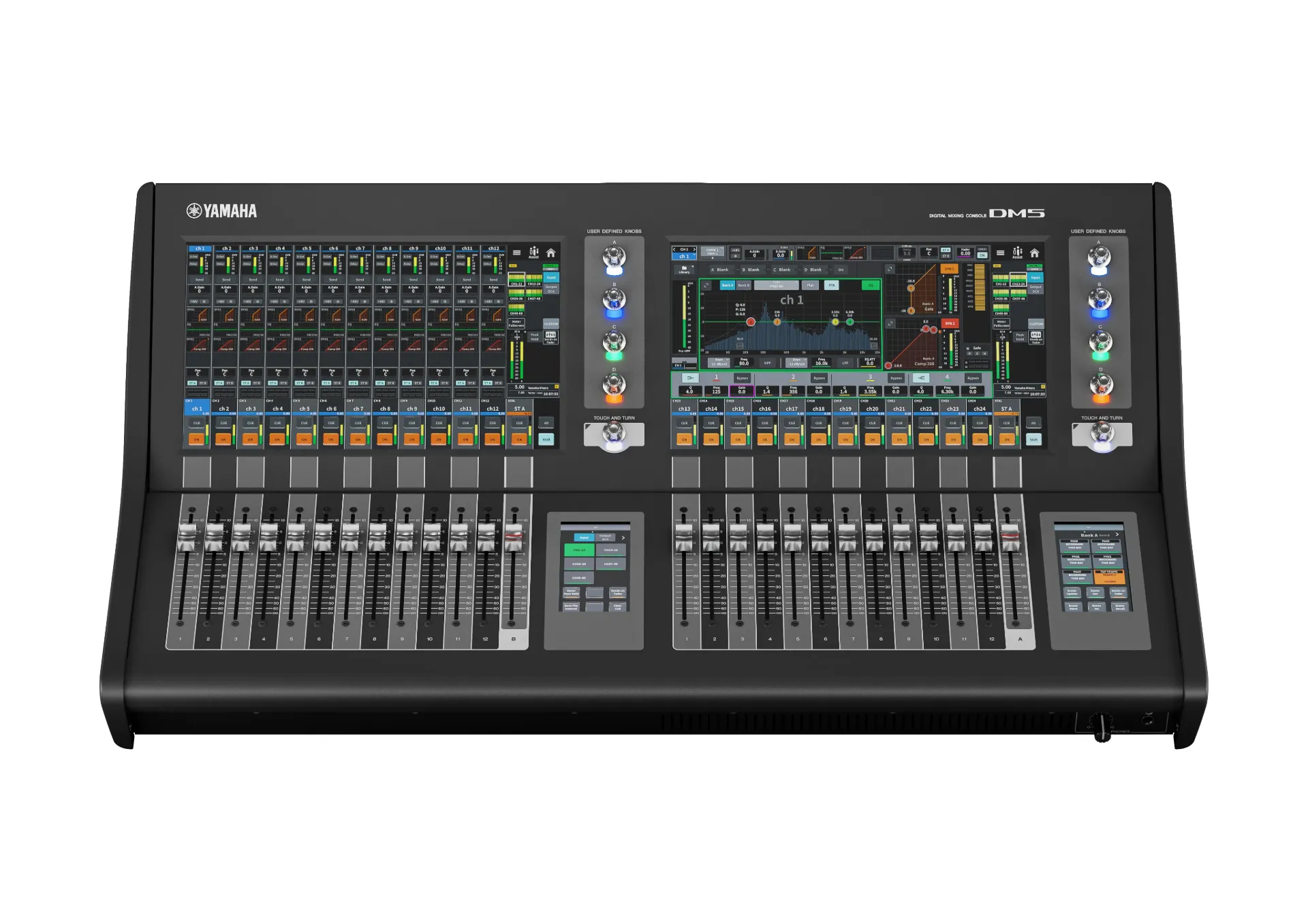 Yamaha, DM5 - Digital mixing console 96kHz/48kHz, 60 mono In, 24 Mix + 12 Matrix + 2 Stereo, 13.3" multi-touch x 2; 4.3" multi-touch screen x 2, 26 Fader (13 + 13), 64 x 64 DANTE, 18x18 USB; 32 x 16 analog, DAW-Remote; Nuendo Live & VST Rack Elements bundled.