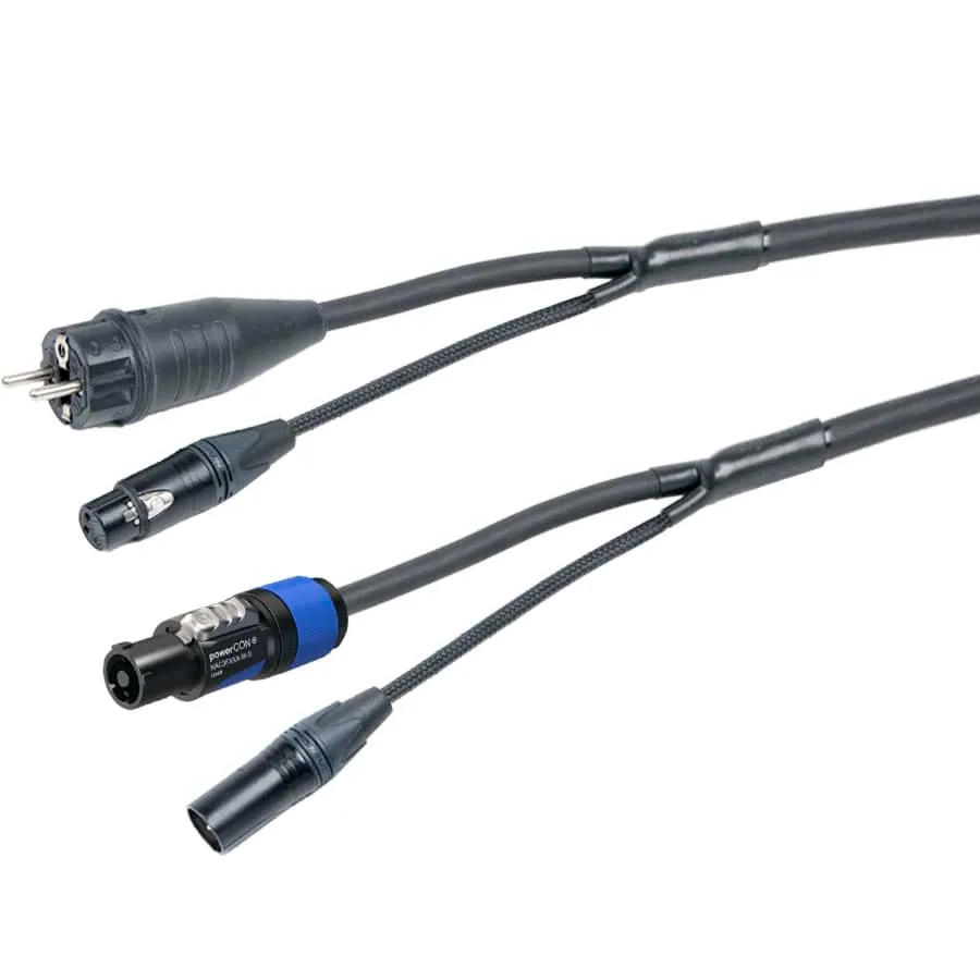 DLX, Combi-kabel XLR 3-polig + powerCON®& Schuko met Syntax & Neutrik | 25cm spin-out | Zwart | 15m