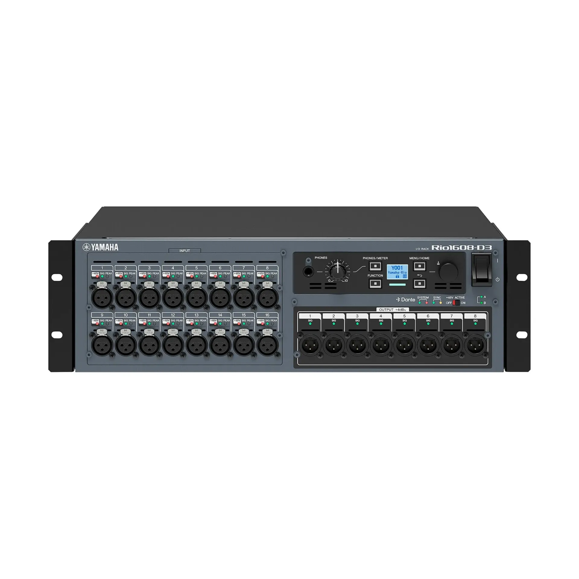 Yamaha, RIO1608-D3 - DANTE rack-mountable I/O, 16 mic/line inputs - remote head amps, 8 line outputs, Comprehensive display and local control of gain, delay and other parameters