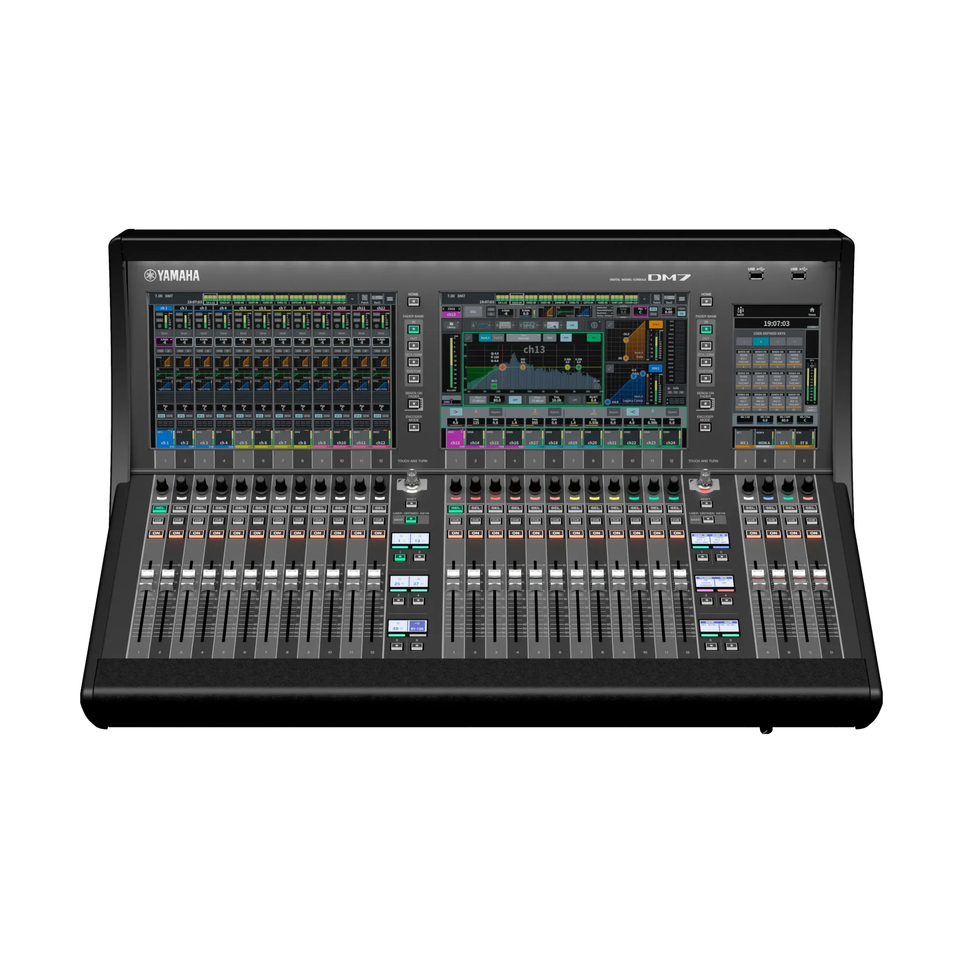 [D010874] Yamaha, DM7 - Digital mixing console, 120 mono In, 48 Mix + 12 Matrix + 2 Stereo, 12.1" multi-touch x 2; 7" multi-touch screen x 1, 28 Fader (12 + 12 + 4), 144 x 144 DANTE, 18 x18 USB; 32 x 16 analog, DAW-Remote; Nuendo Live & VST Rack Elements bundled, Dual PS