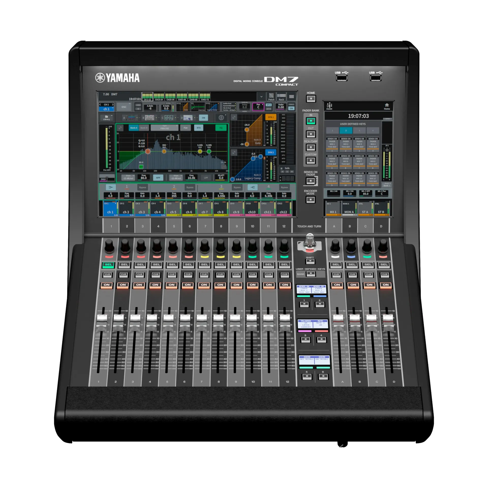 [D010875] Yamaha, DM7C - Digital mixing console, 72 mono In, 48 Mix + 12 Matrix + 2 Stereo, 12.1" multi-touch x 1; 7" multi-touch screen x 1, 16 Fader (12 + 4), 144 x 144 DANTE, 18 x18 USB; 32 x 16 analog, DAW-Remote; Nuendo Live & VST Rack Elements bundled, Dual PS