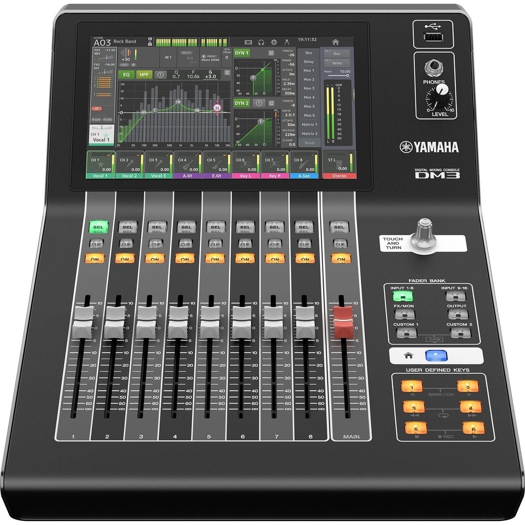 [D010883] Yamaha, DM3 - Digital mixing console, 16 + 1 St & 2 FX; Bus: 6 Mix + 2 FX + 2 Matrix; 18 x18 Audio Interface via USB; DAW-Remote (HUI); Cubase AI & VST Rack Elements bundled; 16 x 16 Audio Interface via DANTE