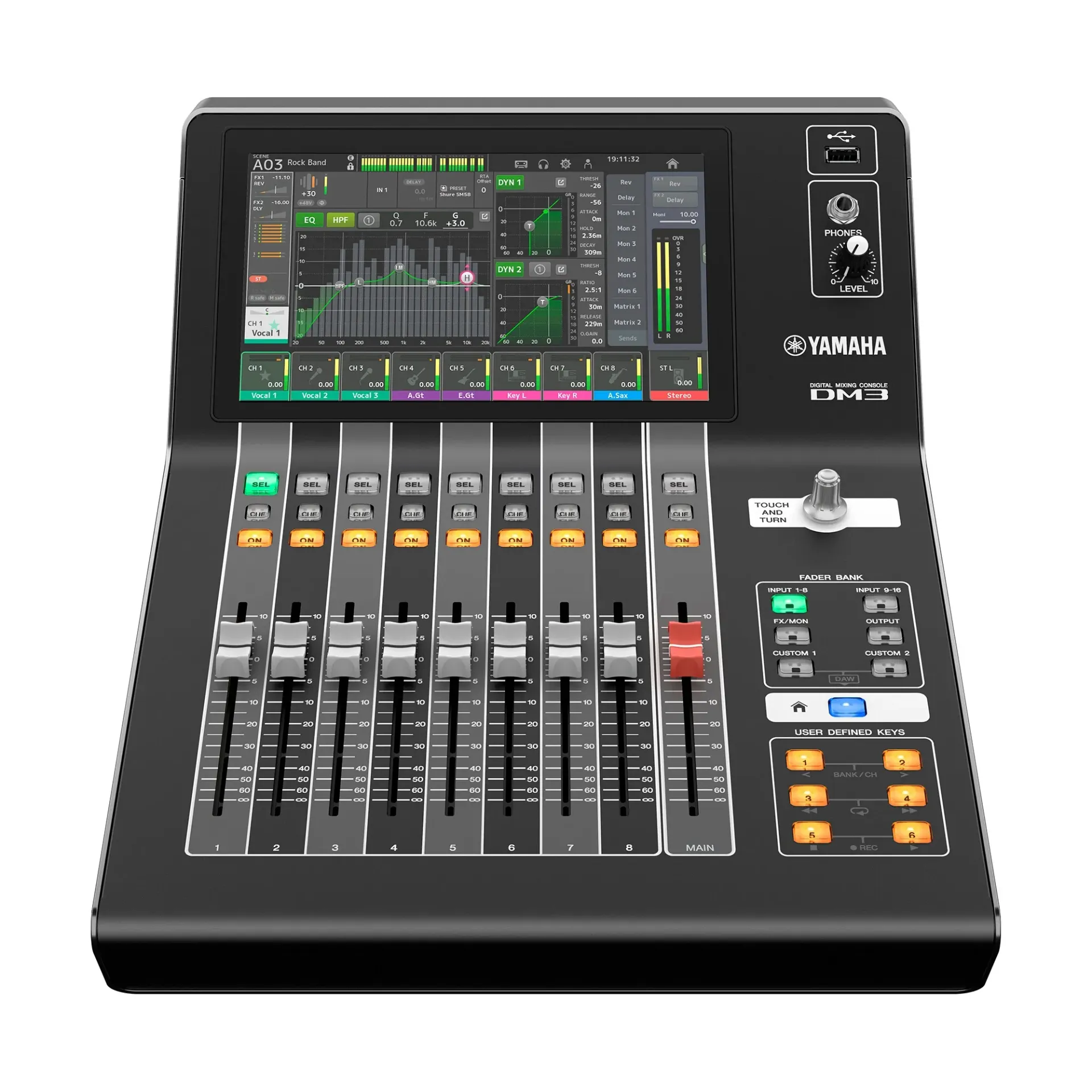 [D010884] Yamaha, DM3S - Digital mixing console, 16 + 1 St & 2 FX; Bus: 6 Mix + 2 FX + 2 Matrix; 18 x18 Audio Interface via USB; DAW-Remote (HUI); Cubase AI & VST Rack Elements bundled