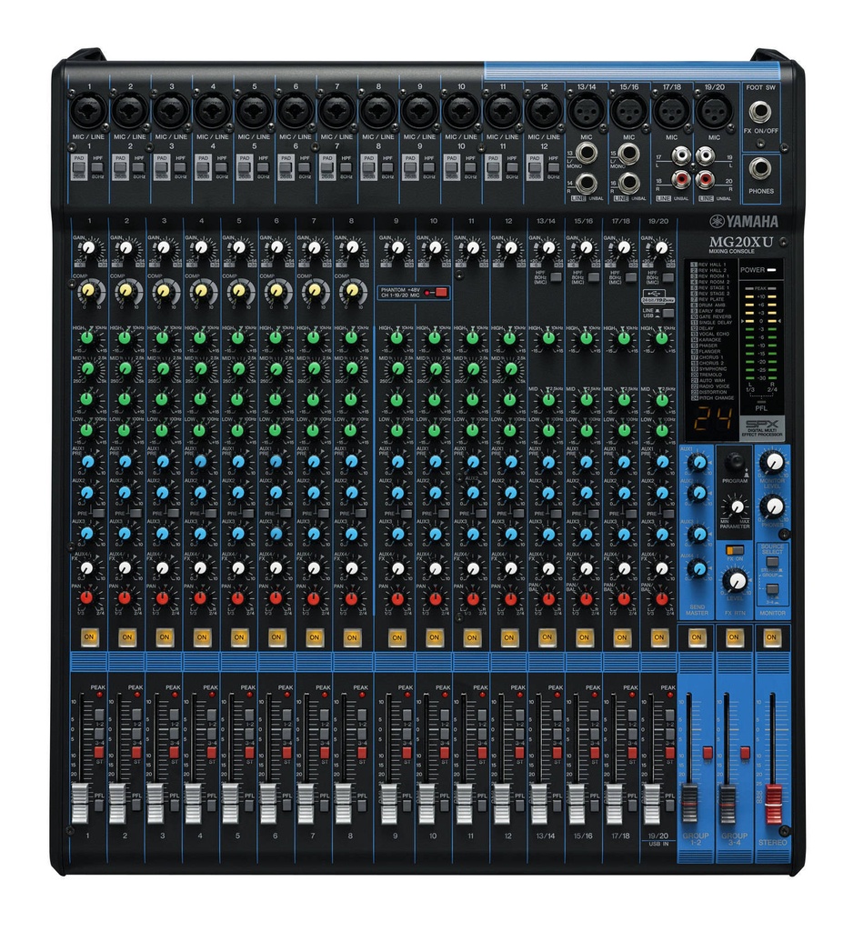 [D010957] Yamaha, MG20XU - 20 channels, D-Pre mic preamps, 48V phantom power, 3-band CH EQ & HPF, 26dB pad, XLR outs, 8 compressors, SPX effects (24 presets), USB 2.0 audio, 24-bit/192 kHz, Cubase AI (download version), 4 Aux buses (incl. FX)