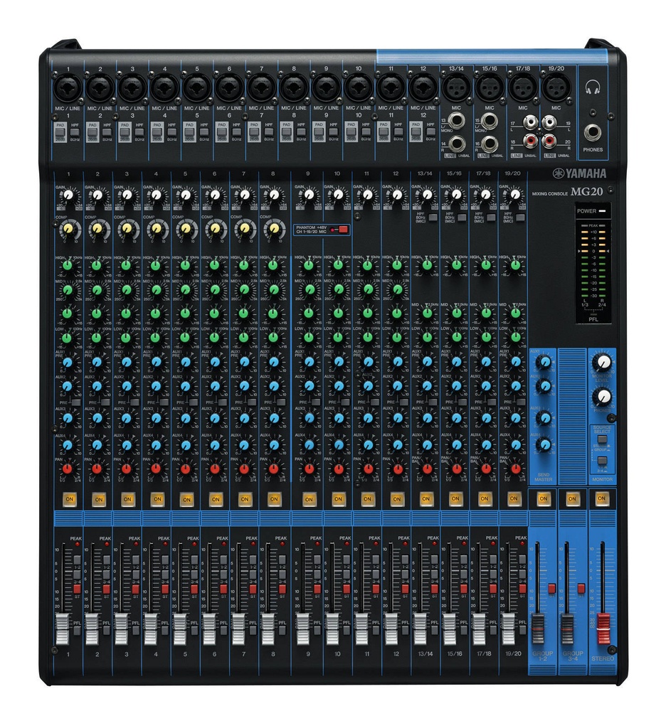 [D010958] Yamaha, MG20 - 20 channels, D-Pre mic preamps, 48V phantom power, 3-band CH EQ & HPF, 26dB pad, XLR outs, 8 compressors, 4 Aux buses