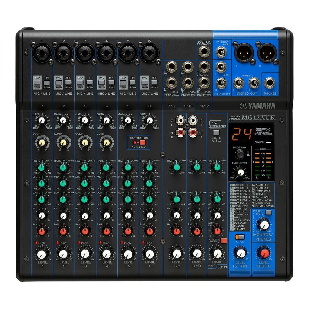 [D010961] Yamaha, MG12XUK - 12 channels, D-Pre mic preamps, 48V phantom power, 3-band CH EQ & HPF, 26dB pad, XLR outs,4 compressors, SPX effects (24 presets), USB 2.0 audio, 24-bit/192 kHz, 2 Aux buses (incl. FX),Cubase AI (download versi).