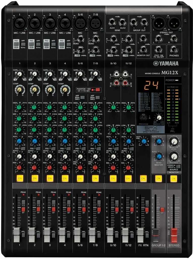 [D010963] Yamaha, MG12X CV - 12 channels, D-Pre mic preamps, 48V phantom power, 3-band CH EQ & HPF, 26dB pad, XLR outs, 4 compressors, 2 Aux buses, SPX effects processor with 24 presets