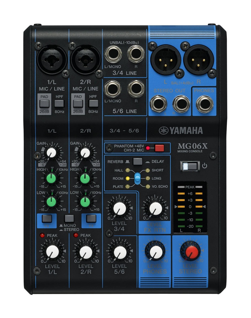 [D010969] Yamaha, MG06X - 6 channels, D-Pre mic preamps, 48V phantom power, 2-band CH EQ & HPF, 26dB pad, XLR outs, SPX effects processor with 6 presets